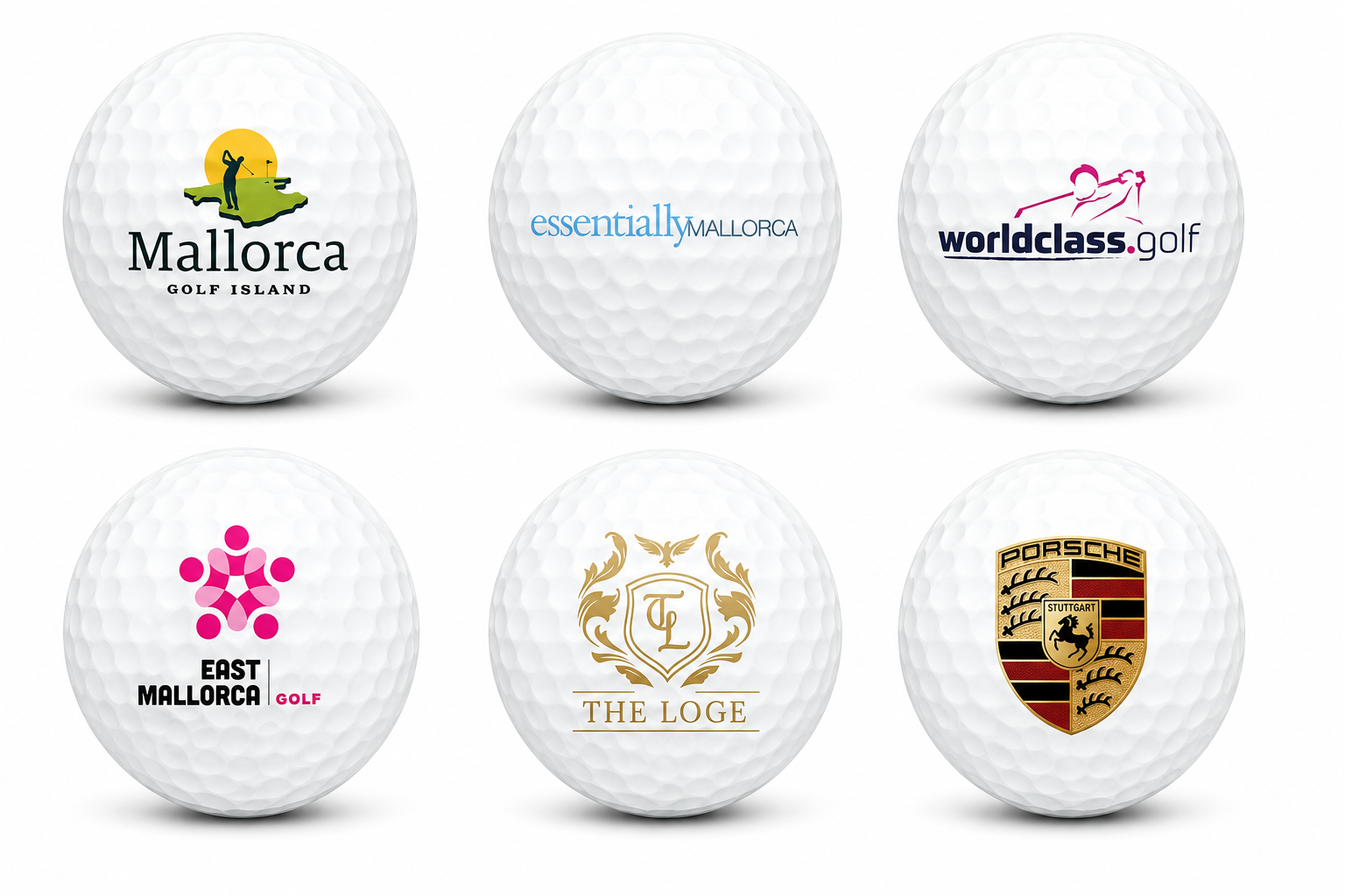 Examples of personalized golf balls — Costa Brava Golf Island, essentially Costa Brava, worldclass.golf, East Costa Brava Golf, The Loge and Porsche