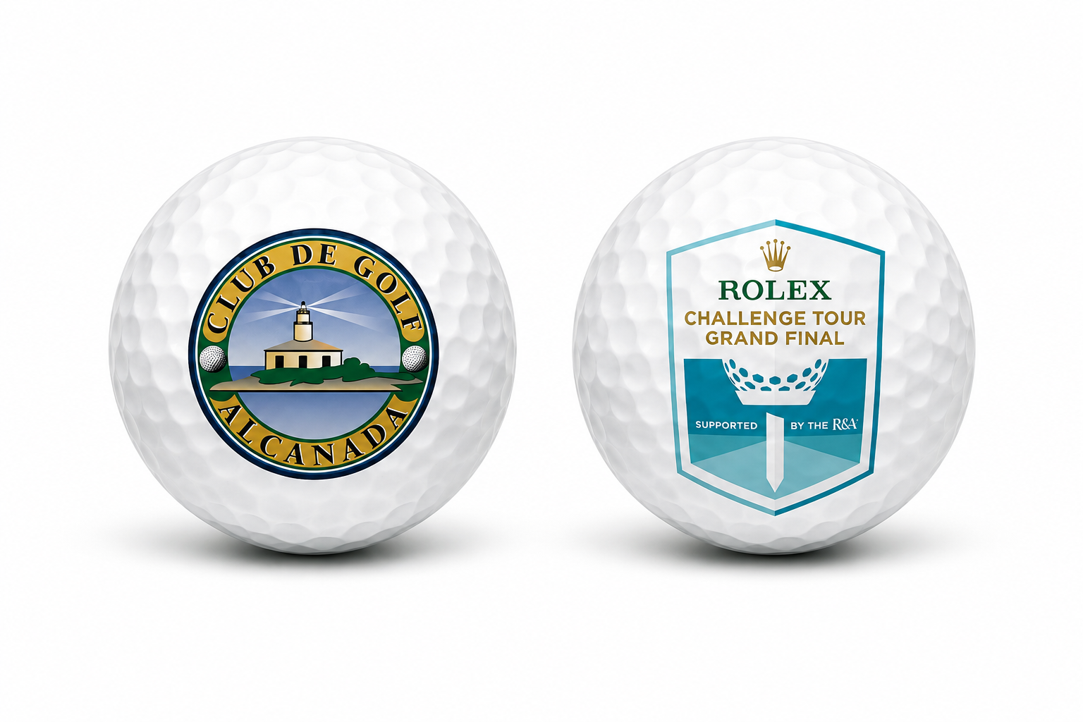 Real Ballprinter prints — Camiral Golf & Wellness crest and Rolex Challenge Tour Grand Final